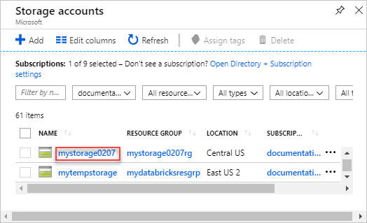 Captura de tela do portal do Azure com destaque para uma conta de armazenamento chamada mystorage0207.