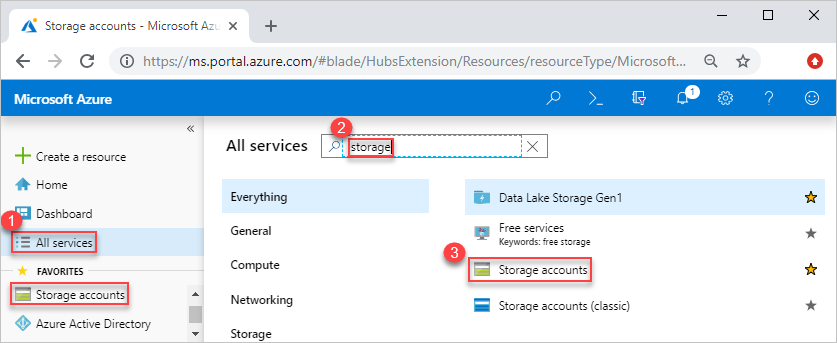 Captura de tela do portal do Azure mostrando o serviço de contas de Armazenamento selecionado.