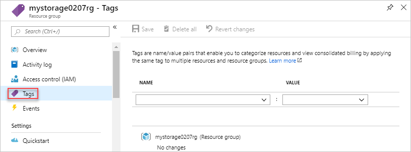 Captura de tela do portal do Azure mostrando a opção Tags para uma conta de armazenamento.