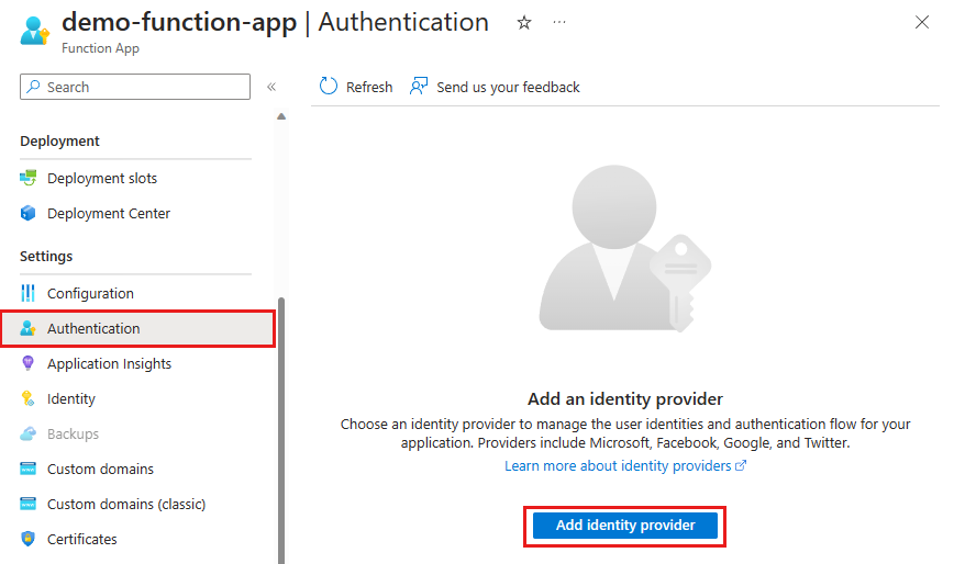 Captura de tela da página Autenticação do aplicativo de funções e o botão para adicionar um provedor de identidade.