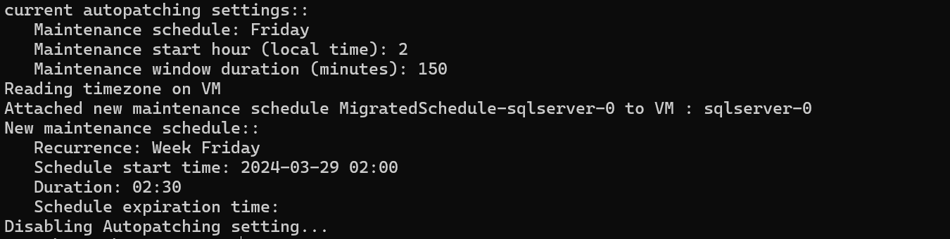 Captura de tela da saída do script do PowerShell que realiza a migração de um agendamento na Aplicação de Patch Automatizada para o Gerenciador de Atualizações do Azure.