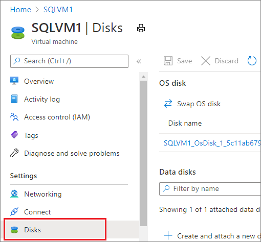 Captura de tela que mostra o painel de configuração de disco da VM no portal do Azure.