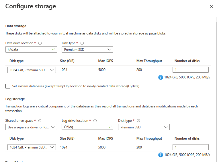 Captura de tela do portal do Azure da página Configuração de Armazenamento de VM do SQL Server durante o provisionamento.