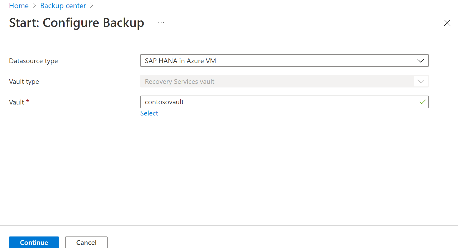 Captura de tela mostrando a seleção de SAP HANA banco de dados na VM do Azure.
