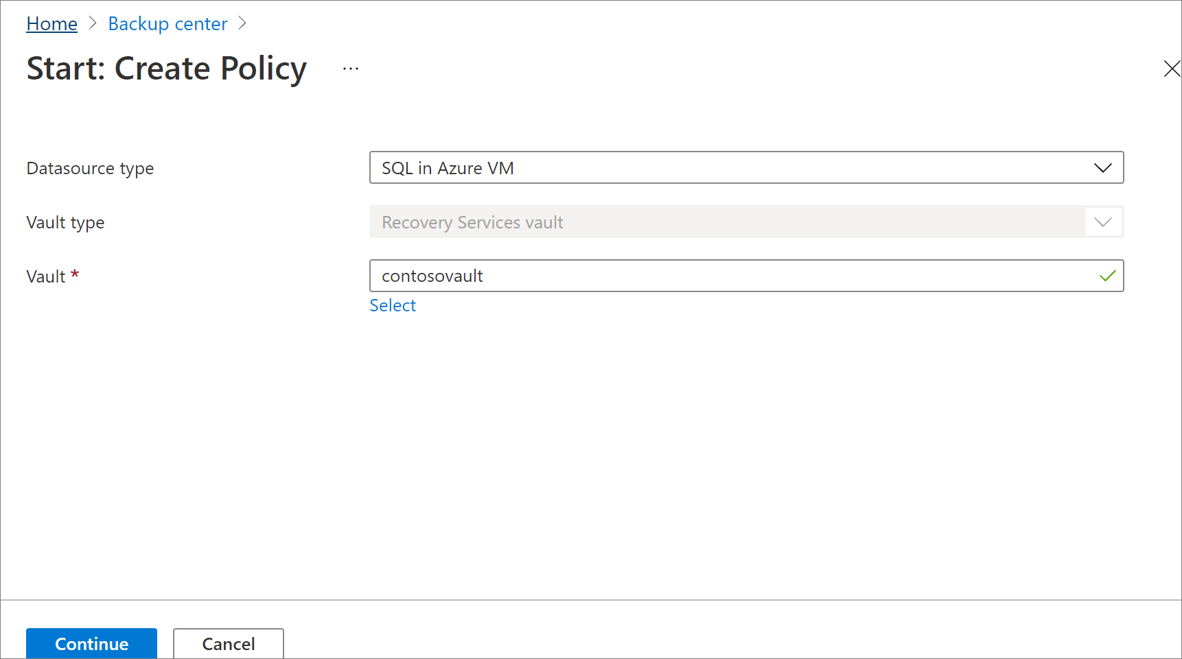 Captura de tela mostrando para escolher um tipo de política para a nova política de backup.