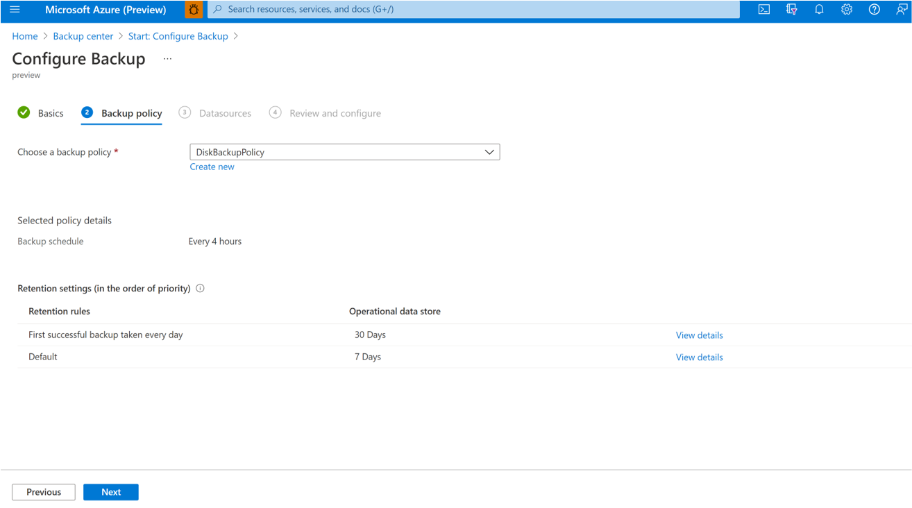 Captura de tela mostrando o processo para escolher uma política de backup.