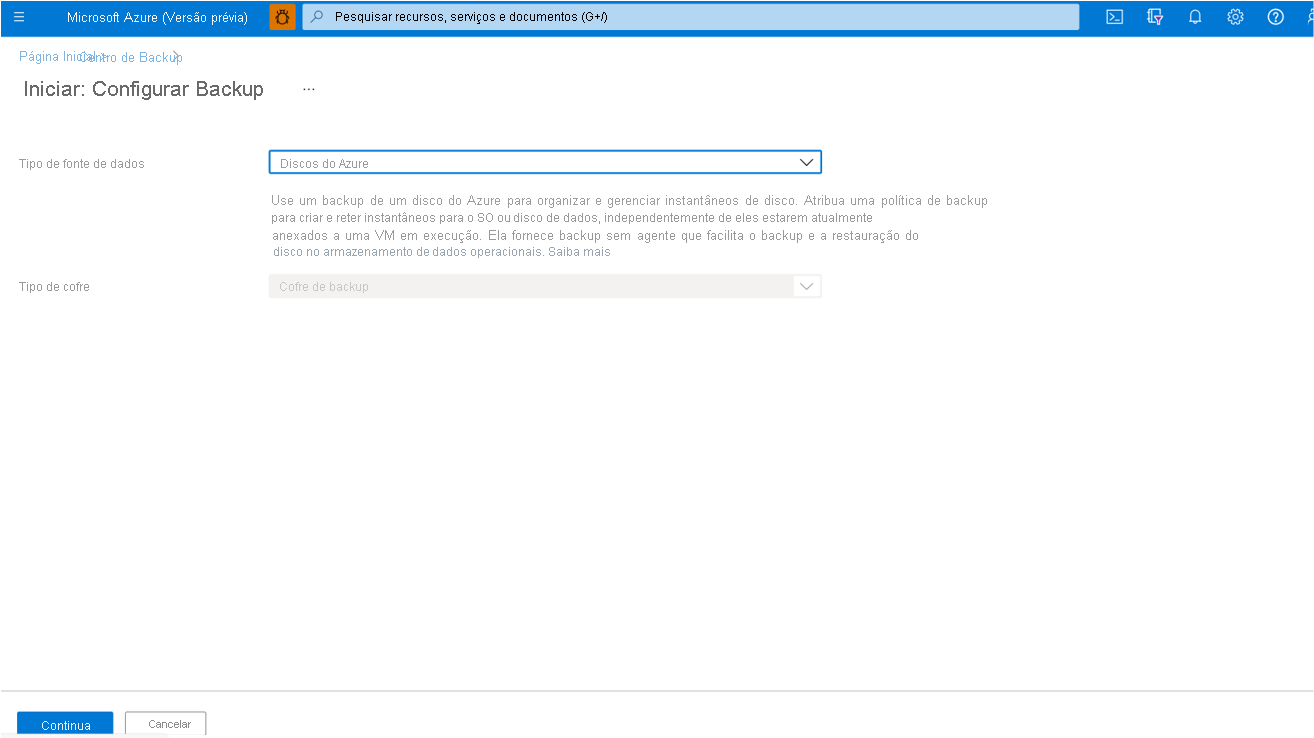Captura de tela mostrando o processo para selecionar Discos do Azure como Tipo de proteção de dados.