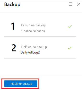 Captura de tela que mostra o botão 'Habilitar backup' para fazer backup do banco de dados.