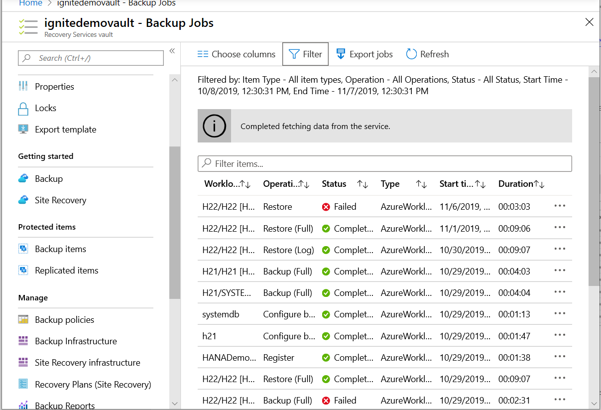 Captura de tela mostrando trabalhos, incluindo a descoberta e registro de banco de dados e as operações de backup e restauração.