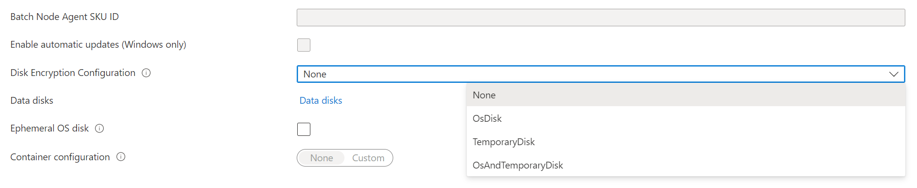 Captura de tela da opção Configuração de Criptografia de Disco no portal do Azure.