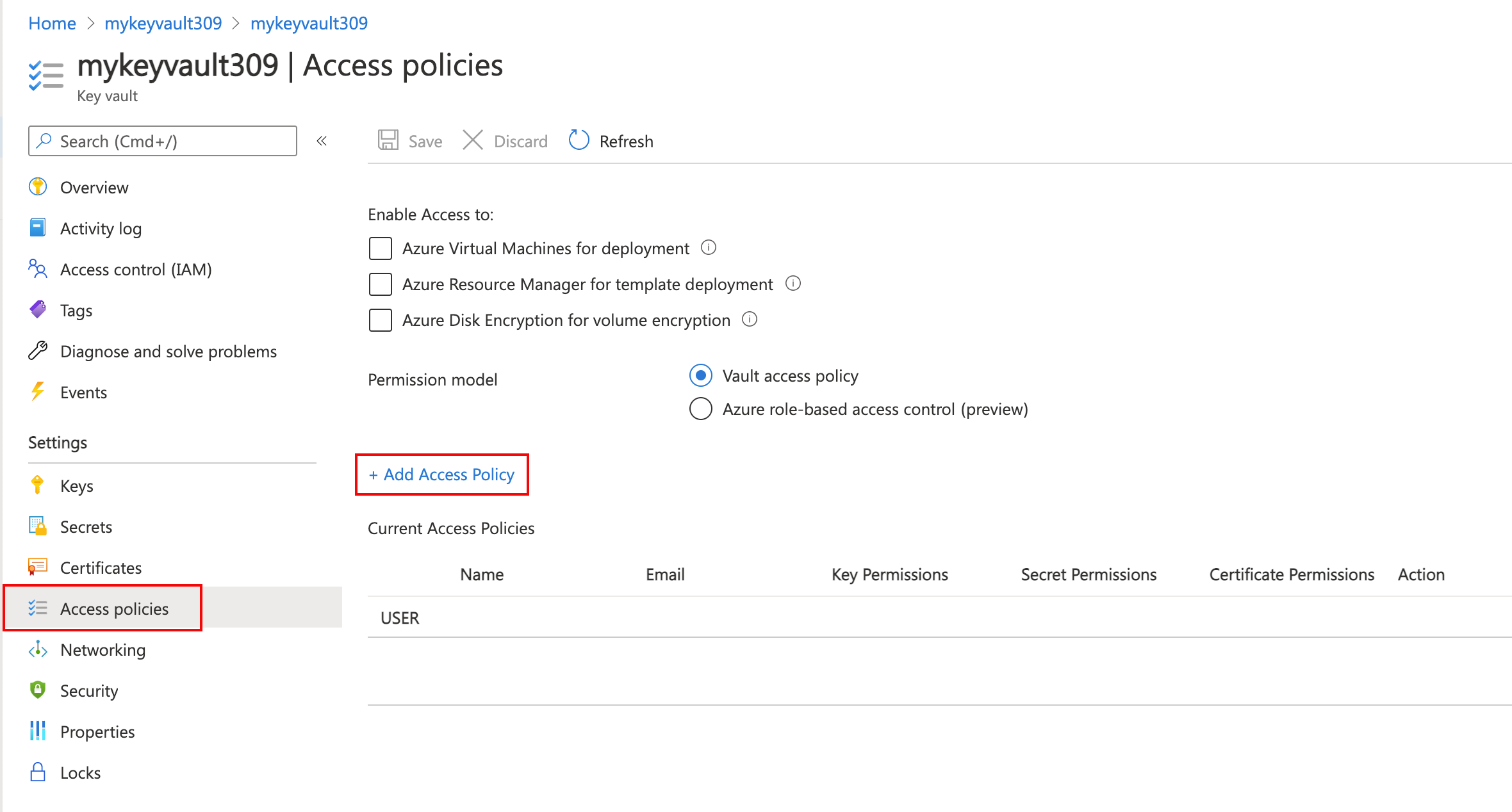 Captura de tela da criação de uma política de acesso do Key Vault para a Rede de Distribuição de Conteúdo do Microsoft Azure.