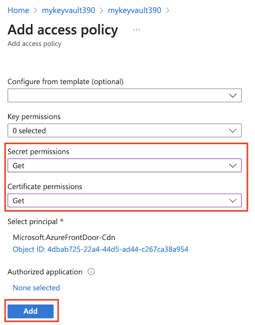 Captura de tela da seleção de permissões da Rede de Distribuição de Conteúdo do Microsoft Azure para o Key Vault.