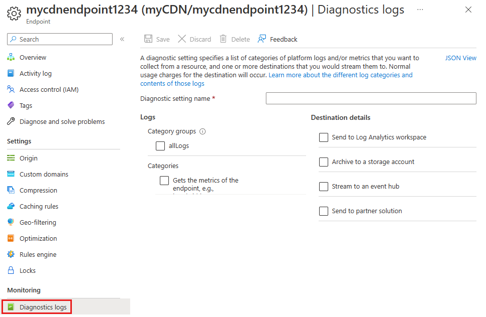 Captura de tela do botão de logs de diagnóstico no menu de monitoramento.
