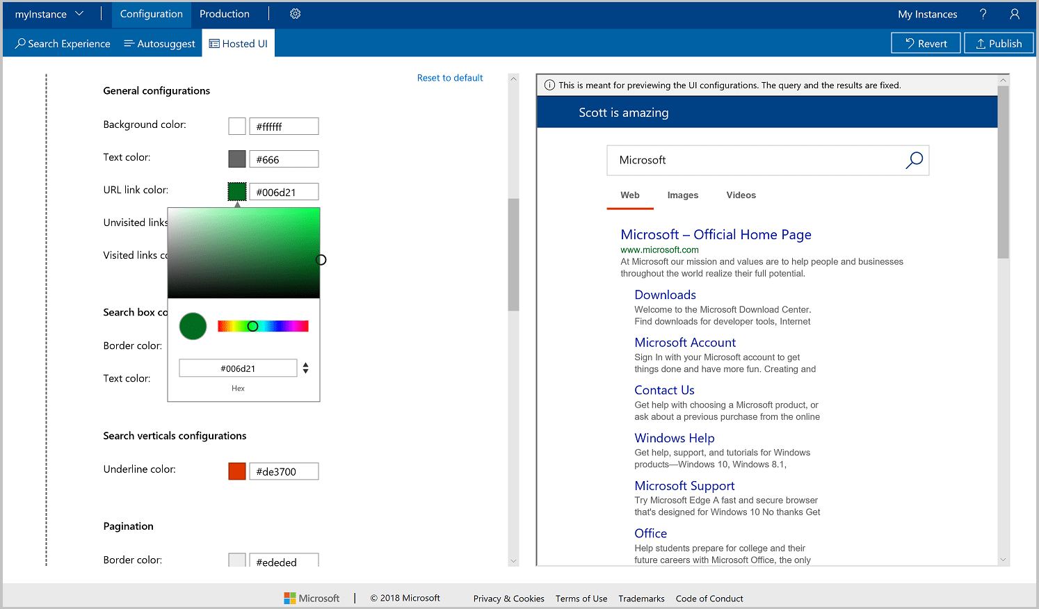 Captura de tela da IU hospedada para personalizar o tema de cores