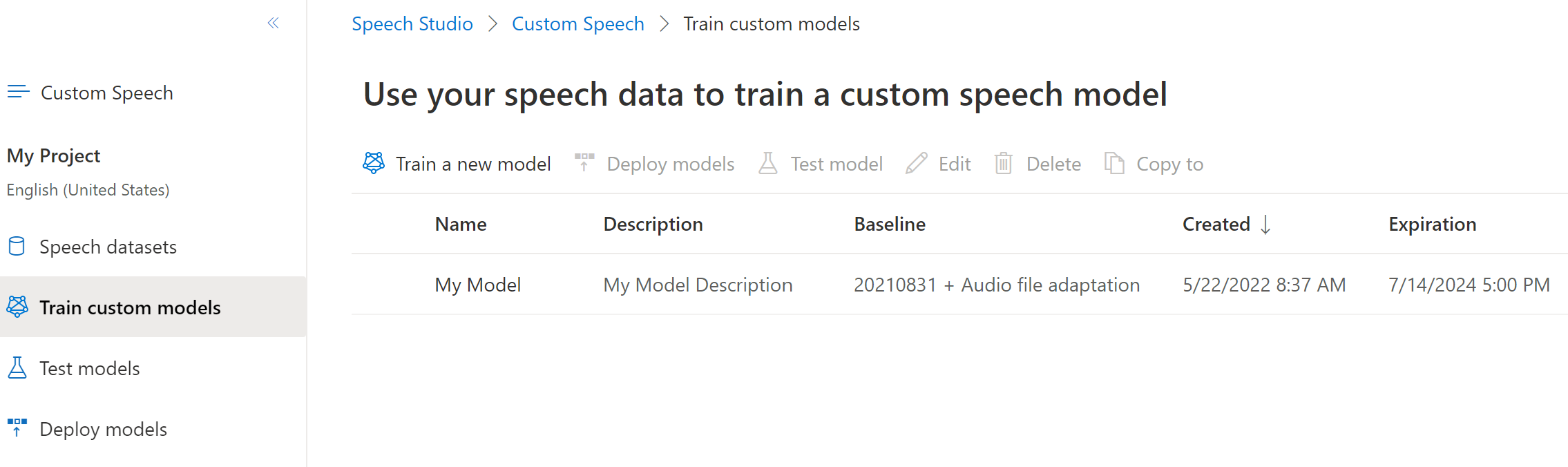 Captura de tela da página de treinamento de modelos personalizados que mostra a data de validade da transcrição.