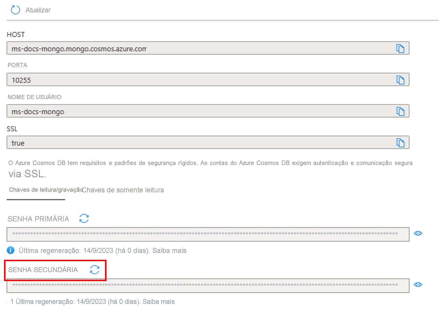 Screenshot showing how to regenerate the secondary key in the Azure portal when used with MongoDB.