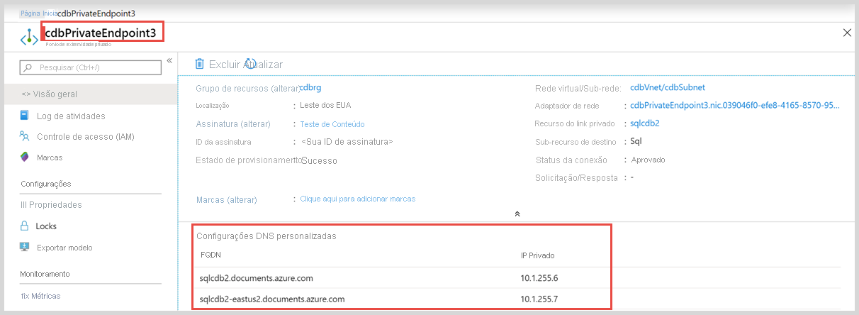 Captura de tela de endereços IP privados no portal do Azure