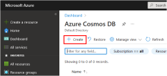 Uma captura de tela que mostra o local do botão Criar na página de contas do Azure Cosmos DB no Azure.