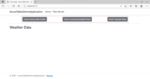 Uma captura de tela do aplicativo que mostra o local dos botões usados para inserir dados no Azure Cosmos DB usando a API de Tabela.