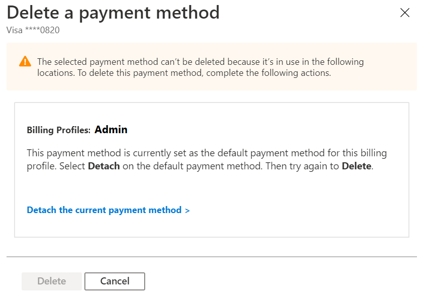 Captura de tela de exemplo mostrando que uma forma de pagamento está sendo usada por um Contrato de Cliente da Microsoft.