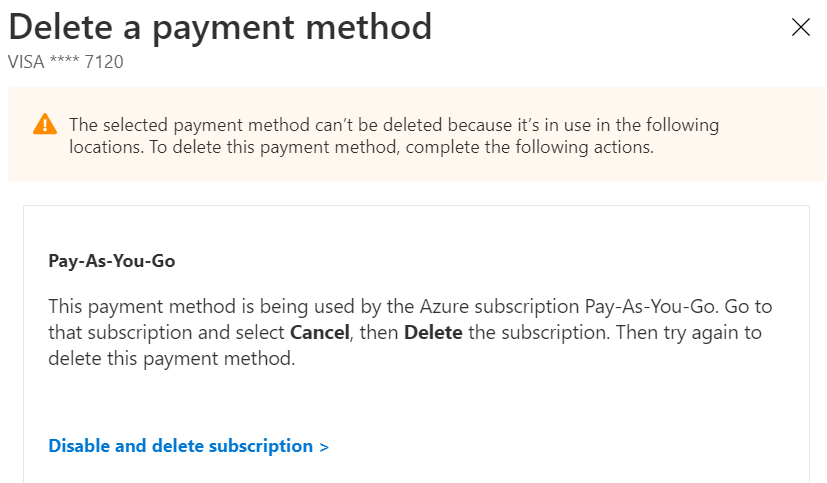 Captura de tela de exemplo mostrando que uma forma de pagamento está sendo usada por uma assinatura de pagamento conforme o uso.