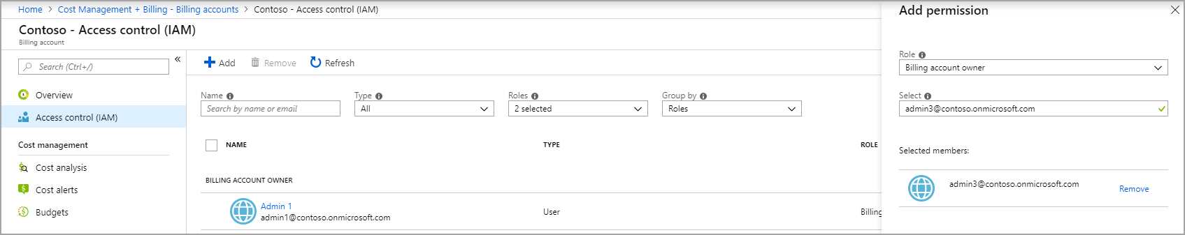 Captura de tela que mostra a adição de um administrador a uma conta de cobrança.