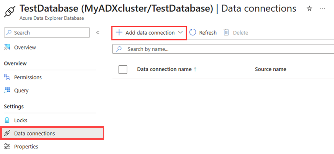 Captura de tela da página de conexões de dados. A opção para adicionar uma conexão de dados está realçada.