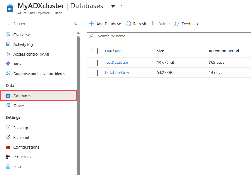 Captura de tela da seção do banco de dados do cluster mostrando uma lista de bancos de dados que ele contém.