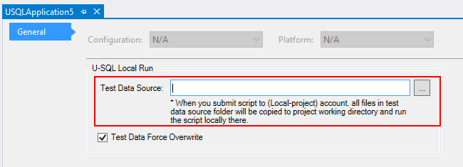 Ferramentas do Data Lake para Visual Studio - configurar fonte de dados de teste do projeto