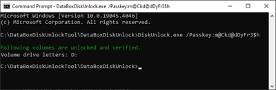 Captura de tela mostrando uma resposta bem-sucedida da ferramenta Data Box Disk Unlock que contém a letra da unidade atribuída.