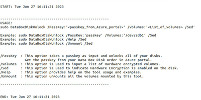 Captura de tela exibindo a saída de amostra do comando de ajuda do utilitário de desbloqueio do Data Box Disk.