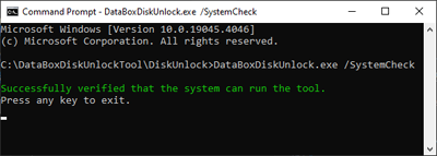 Captura de tela mostrando os resultados de uma verificação bem-sucedida do sistema usando a ferramenta Data Box Disk Unlock.