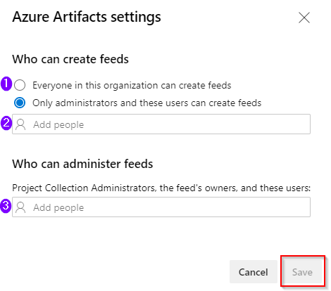 Screenshot showing how to set up Azure Artifacts settings