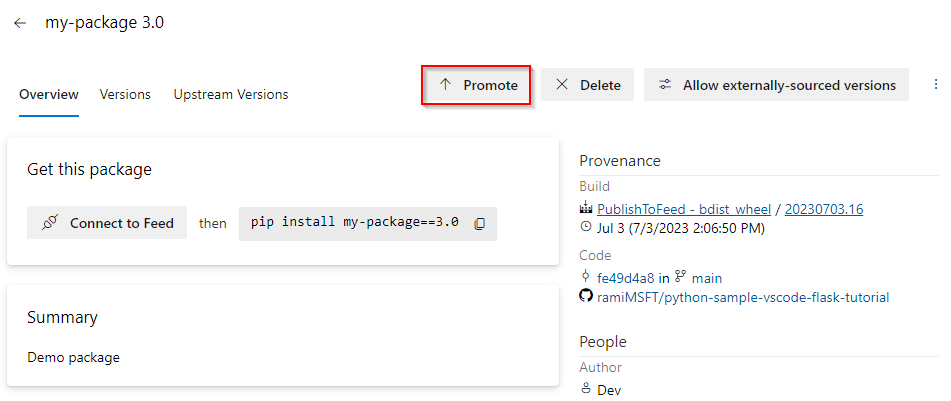 A screenshot showing how to promote a package to a view.