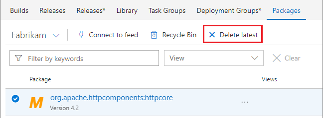 Captura de tela que mostra o botão para excluir pacotes de feeds.