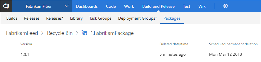 Captura de tela que mostra o pacote na Lixeira no Team Foundation Server.
