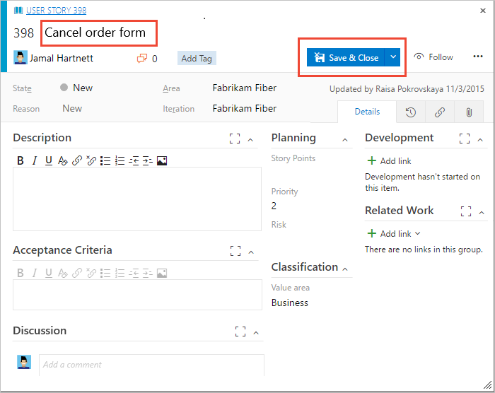 Screenshot of Agile process, User story work item form.
