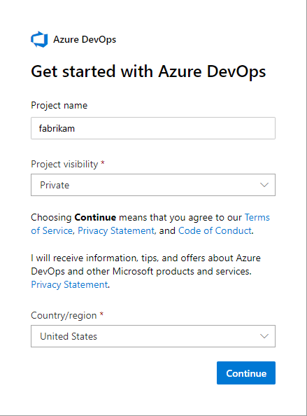 Choose Continue to get started with Azure DevOps.
