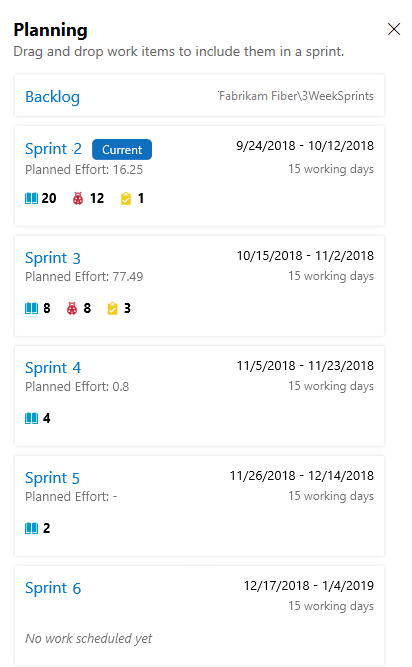 Captura de tela do painel Planejamento das listas de pendências do Sprints.
