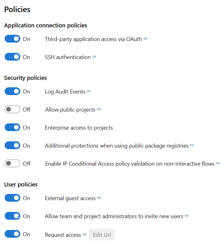 Captura de tela das Políticas de Segurança de DevOps do Azure.