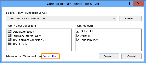Caixa de diálogo Conectar-se ao Team Foundation Server