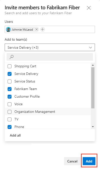 Invite members to a project dialog, known user, select teams to add.