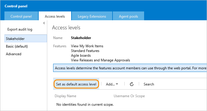 Admin context, Control panel, Access levels, Stakeholder tab, set as default access level