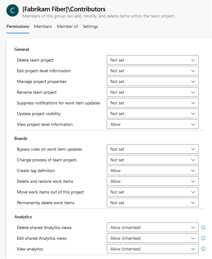 Captura de tela da caixa de diálogo Permissões no nível do projeto, página de visualização dos Serviços de DevOps do Azure.