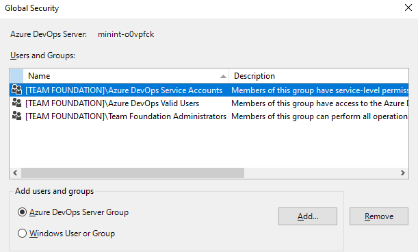 Captura de tela da caixa de diálogo do grupo de Segurança de DevOps do Azure.