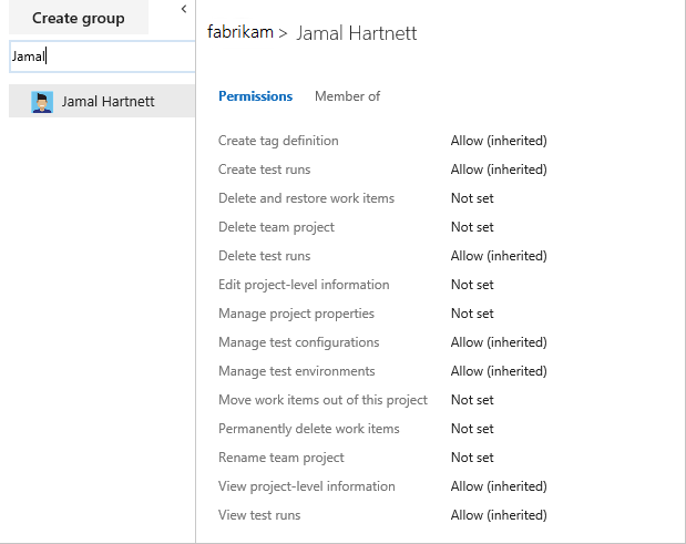A captura de tela mostra as permissões de nível de projeto para um usuário.