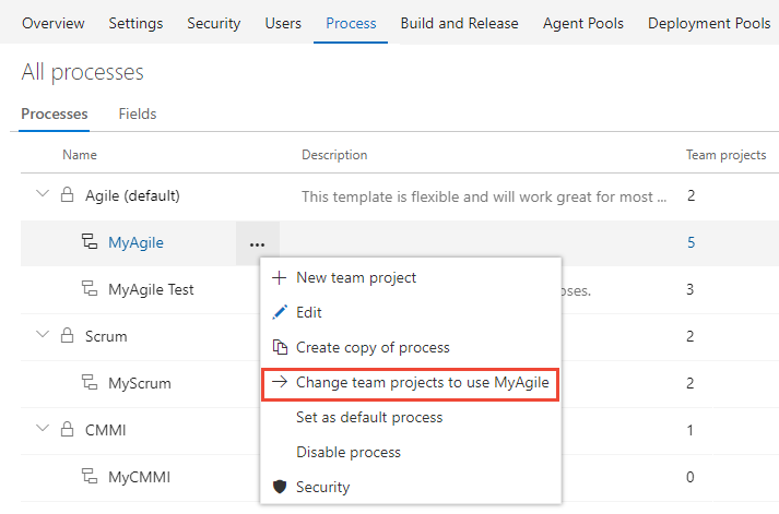 Menu de contexto de processo agile, Escolha Alterar projetos de equipe para usar MyAgile