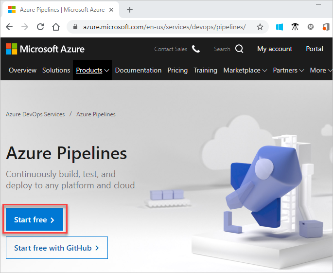 Captura de tela da página Iniciar gratuitamente com o Azure Pipelines.