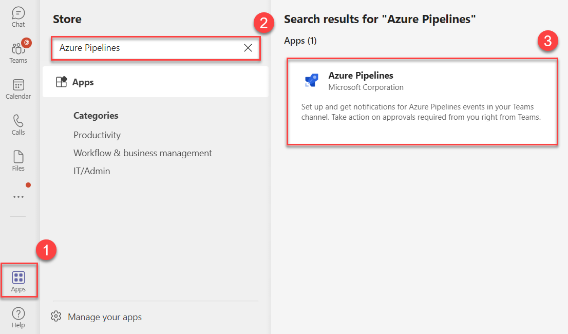 Captura de tela da seleção do botão Aplicativos e, em seguida, do botão Azure Pipelines.