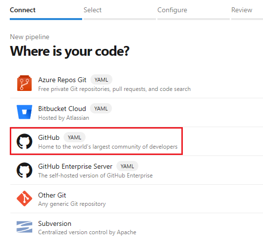 Captura de tela da seleção do GitHub como o local do seu código.